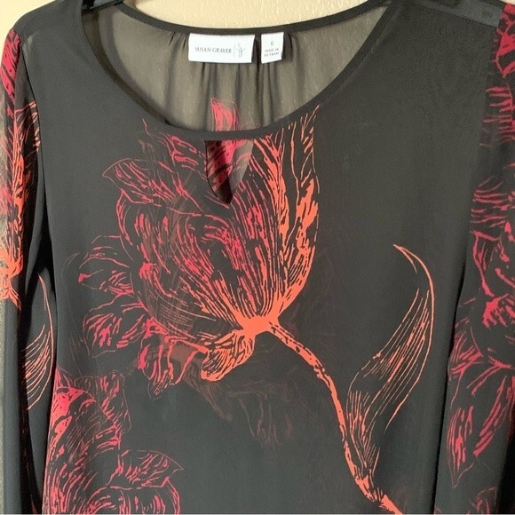 Susan Graver Placement Print Sheer Chiffon Black with Red Tunic with Keyhole - 6 - Picture 5 of 10